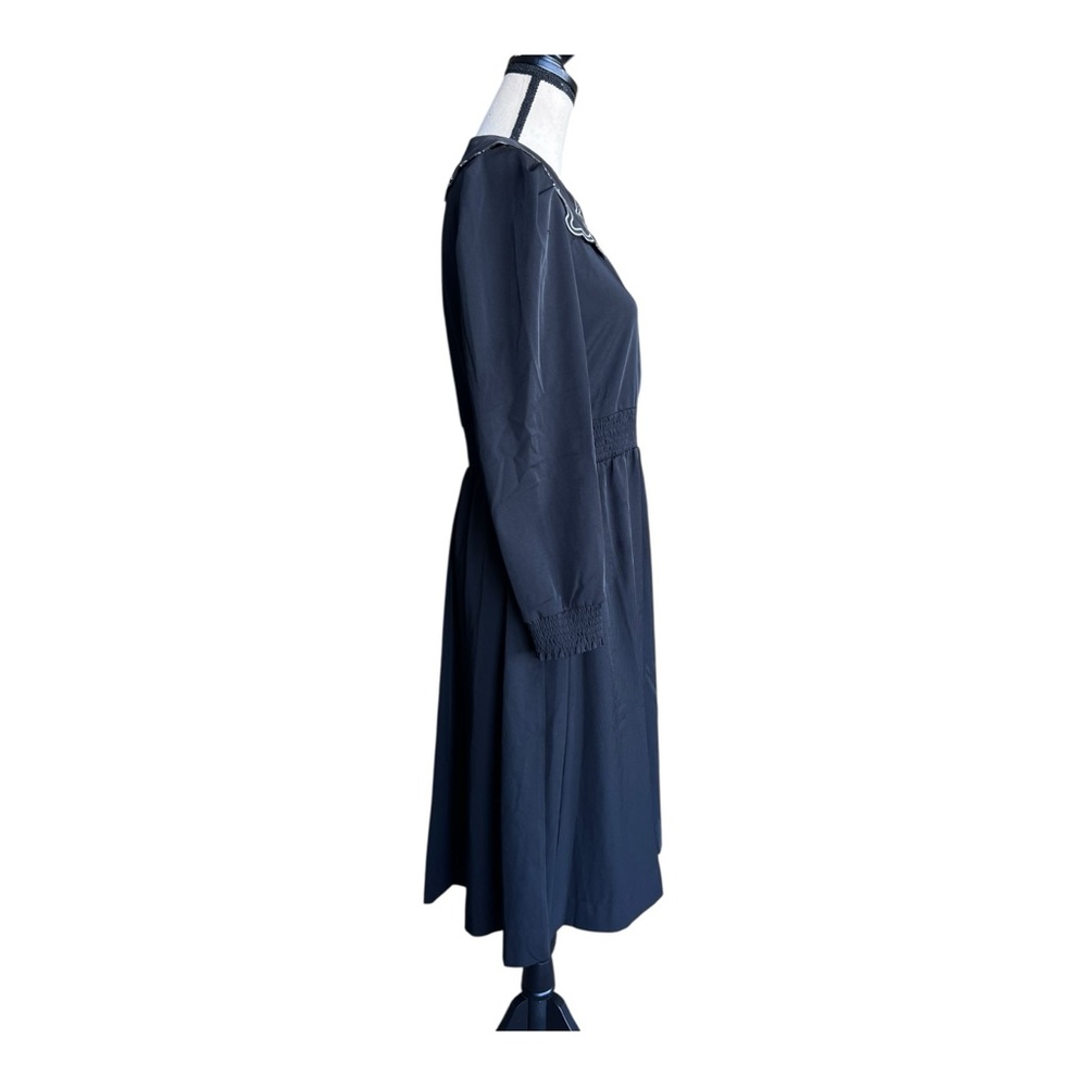 Vintage Minimal Black Long Sleeve Dress with White Scalloped Collar Size 16G - Picture 3 of 9